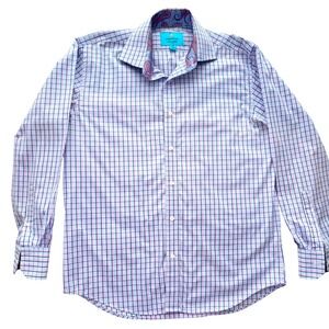 Christian Aujard Paris Mens M Plaid Dress Shirt French Cuff Paisley Trim EUC